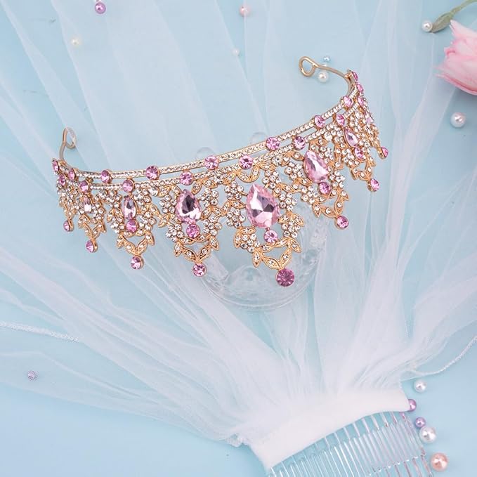 Gold Crown and Wedding Veil Set Crown Headband Pink Tiara Wedding Crown for Bride Pink Crown Bachelorette Veil Wedding Veil Headband Tiara Adult for Bachelorette Wedding Party Anniversary