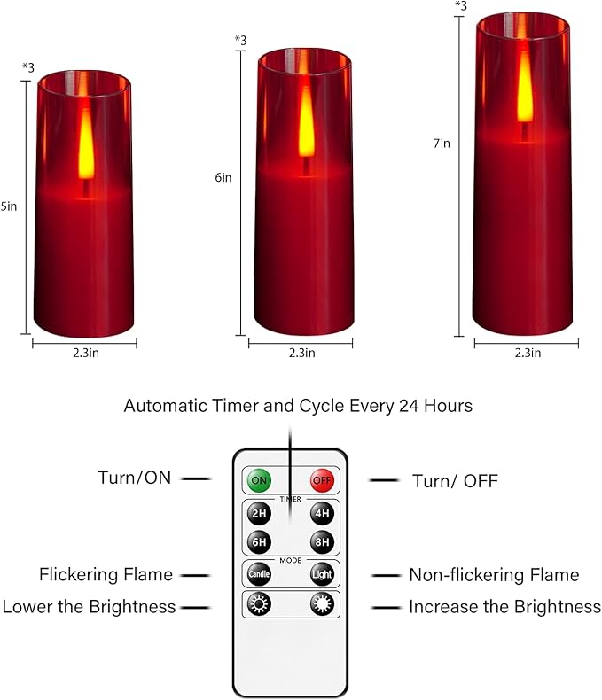 Flickering Flameless Candles,Battery Operated, Flameless Candles with Remote, 2/4/6/8 Hour Timer, Realistic Jumping Flame Effect, Perfect for Home Decor, Holiday Decoration Pcs 9 (Red)