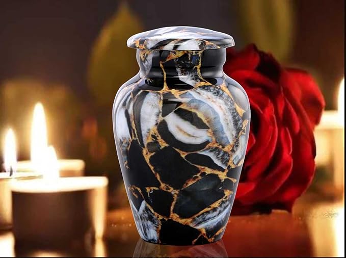 Small Keepsake Cremation Urns for Human Ashes - Marble Finish Metal Keepsake Urn - Mini Cremation Urn for Pet Ashes - Handcrafted Memorial Urn - Funeral Urns with Velvet Bag (Luxury Black)