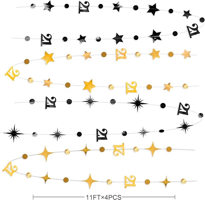 Black Gold 21st Birthday Decorations Number 21 Circle Dot Twinkle Star Garland Hanging Streamer Banner Backdrop for Girls Boys Cheers to 21 Years Finally Legal Bday 21st Anniversary Party Supplies