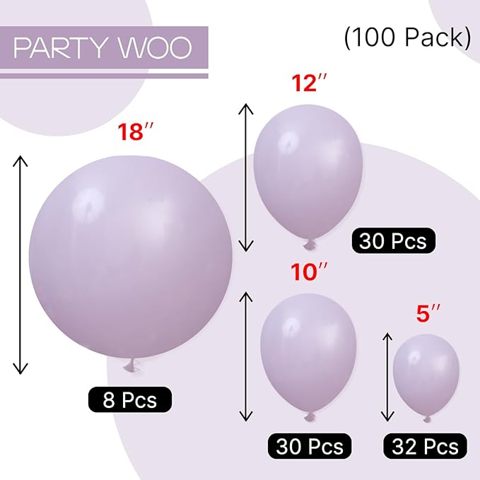 PartyWoo Dusty Purple Balloons 100 pcs Different Sizes of 18 12 10 5 Inch Matte Lavender Lilac Latex Helium Balloon Arch Kit Garland for Wedding Baby Shower Birthday Party Decorations Purple-F33