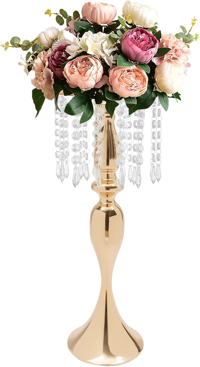 Wedding Centerpieces Gold Vases,10PCS Metal Flower Candle Holder with Sparkling Crystal Beads,Crystal Flower Vase Metal Flowers Stand for Party Tables Decorations (10pcs Gold-Height 21.3)