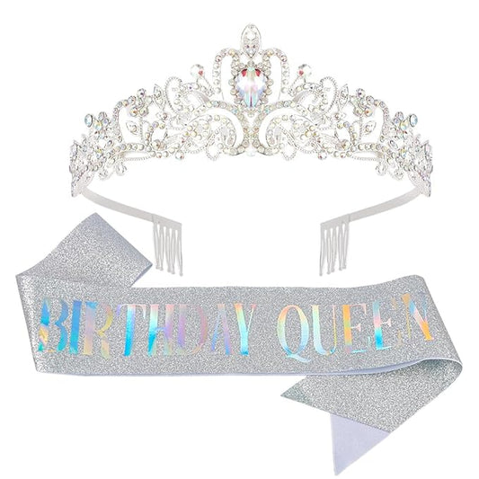 AOPRIE Birthday Queen Sash & Tiara, Silver, 2 Pack, Women & Girls, Classic Design, Rhinestone Embedded, Adjustable, 5.5 Inch Length, 60 Inch Sash