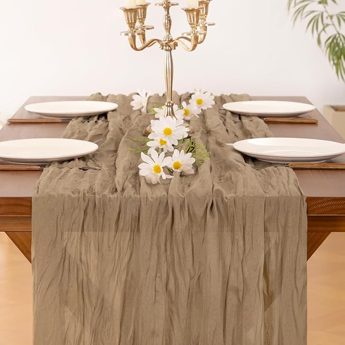 Socomi 3pcs Nude Brown Cheesecloth Table Runner Fall Thanksgiving Boho Rustic Gauze 120 inch 10FT Cheese Cloth Runner for Wedding Party Baby Shower Birthday Home Decor Holiday Decorations