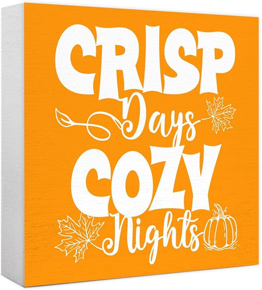 Funny Autumn Wood Box Sign Crisp Days Cozy Nights Wooden Block Desk Decor for Home Office Kitchen Cubicle Table Shelf Tabletop,Farmhouse Fall Sign Decor