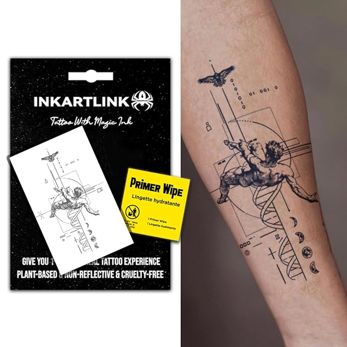 INKARTLINK Semi Permanent Tattoo, Temporary Tattoo,geometric pattern, gift for cool boys, adult art design, party favor, waterproof, realistic, no adhesive, no reflective (Fallen Angel)