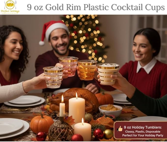 Perfect Settings 110 Gold 4 Line Clear Plastic Cups 9oz - Holiday Wedding Party Elegant Trimmed Disposable Cups, 4 Line Gold Party Cups