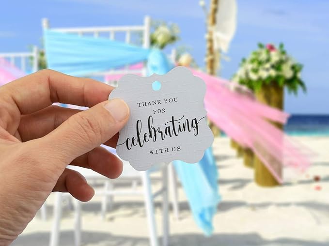 Summer-Ray 50pcs Elegant Square Thank You for Celebrating with Us Favor Tags Wedding Gift Tags (White)