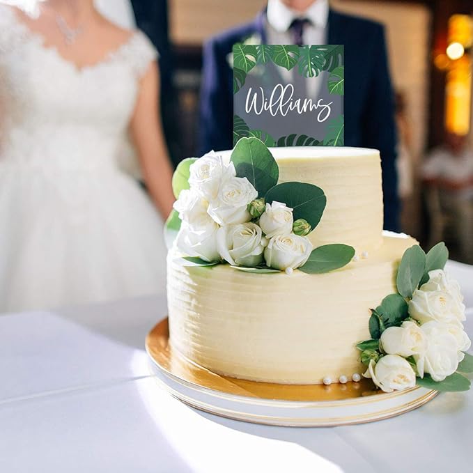 Andaz Press Tropical Greenery Last Name Custom Wedding Cake Topper, Acrylic Square Personalized Couple Cake Topper