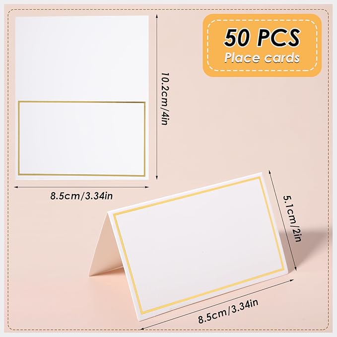 Place Cards for Table Setting - 50Pcs White Blank Table Place Cards with Gold Foil Border, Table Seating Name Cards for Weddings, Banquets Dinner Parties (Folfding Size 2x3.75 inches) (White)
