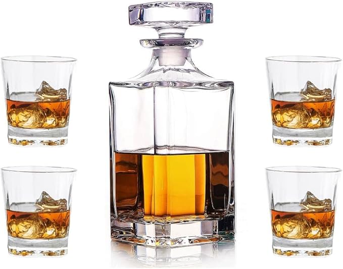 Whiskey Decanter Glasses Set Lead-Free Crystal Glass Scotch Tasting Cups Wine Bottle for Drinking Irish Whisky Bourbon Tequila tumbler (Square, 1 Decanter & 4 Glasses Set)