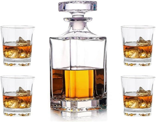 Whiskey Decanter Glasses Set Lead-Free Crystal Glass Scotch Tasting Cups Wine Bottle for Drinking Irish Whisky Bourbon Tequila tumbler (Square, 1 Decanter & 4 Glasses Set)