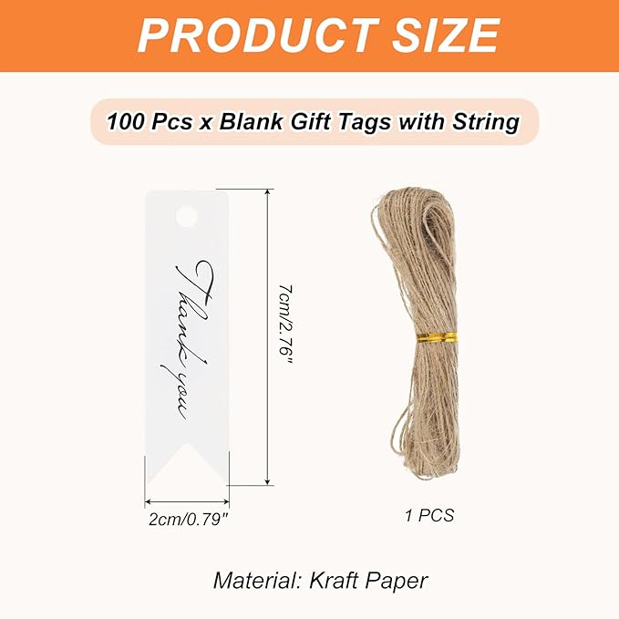PATIKIL 100 Pcs Blank Gift Tags with String, 2.8x0.8 Inch Kraft Paper Tags Gift Bags Tags Mini Thank You Label with Holes for Wedding Holiday Party Favor Clothes Craft, White