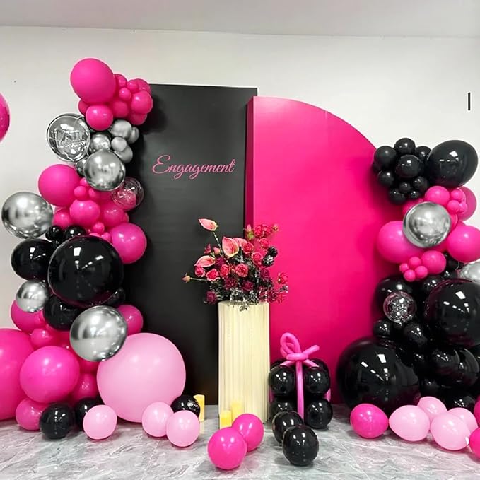 Hot Pink Black Silver Balloon Garland Arch Kit, 166Pcs Red Black Pink Silver Balloons for Birthday Graduation Baby Shower Wedding Anniversary Bachelorette Party Decorations