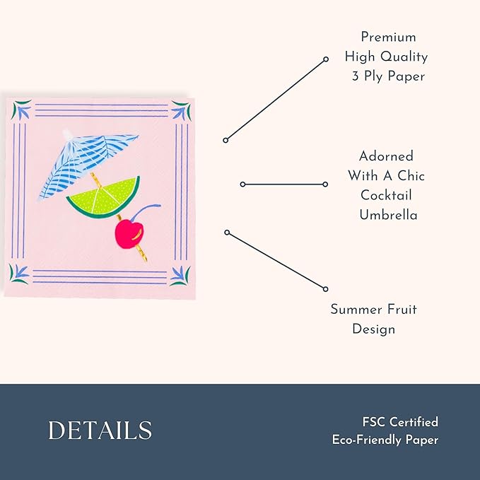 Bonjour Fête Tropical Luau Small Party Paper Napkins | 3-Ply Fancy Cocktail Napkins | Hawaiian Luau, Pool Parties, Summer BBQ | Premium Party Supplies & Decorations | Pack of 20, 5" Folded