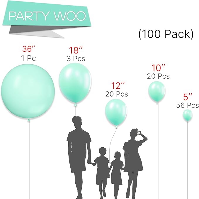 PartyWoo Mint Balloons, 100 pcs Pastel Teal Different Sizes Pack of 36 Inch 18 Inch 12 Inch 10 Inch 5 Inch Pastel Turquoise for Balloon Garland or Arch as Party Decorations, Mint-Q03