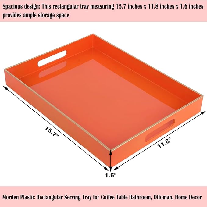 Large Decorative Tray, Orange Serving Tray with Handles, Plastic Coffee Table Tray for Living Room, Ottoman, Bathroom, Kitchen, Decor, 15.7”*11.8”
