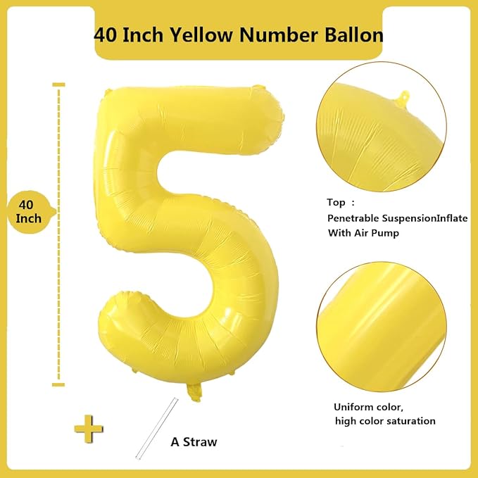 40 inch Yellow Number Balloon Giant Foil Helium Balloons Number 5 Balloon for 5th Birthday Party Decorations