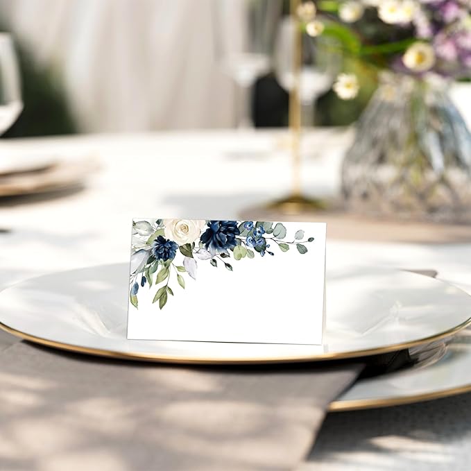 Whaline 100Pcs Floral Place Cards 2 x 3.5 Inch Watercolor Blue White Flower with Leaves Tented Seating Cards for Wedding Bridal Shower Party Table Setting