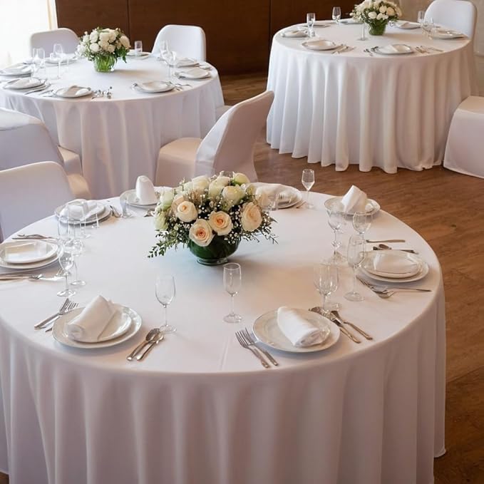 HolidayIdeas White Spandex Round Tablecloths for 60in Wedding Table, 5ft Fitted Stretch Table Skirts 120 Inch, Wrinkle-Free Ruffle Design Tablecloths for Banquets,Trade Shows, Parties, Events, 6 Pack