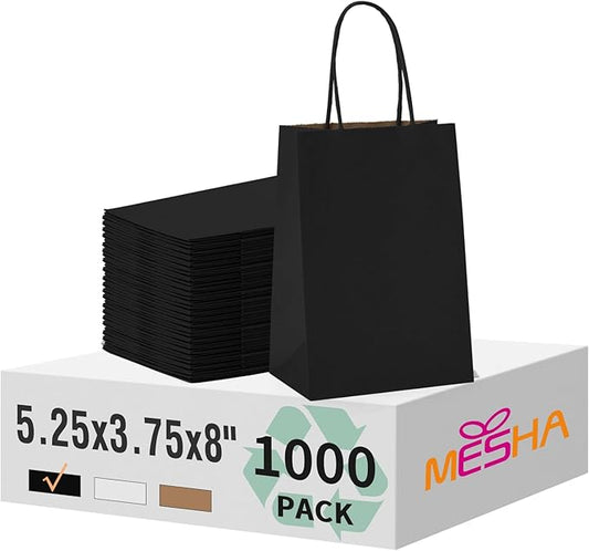 MESHA Gift Paper Bags 1000 Pack 5.25x3.75x8'' Black Small Shopping Kraft Bags Bulk with Handles Reusable for Business,Grocery,Birthday,Wedding,Kids Party,Favors