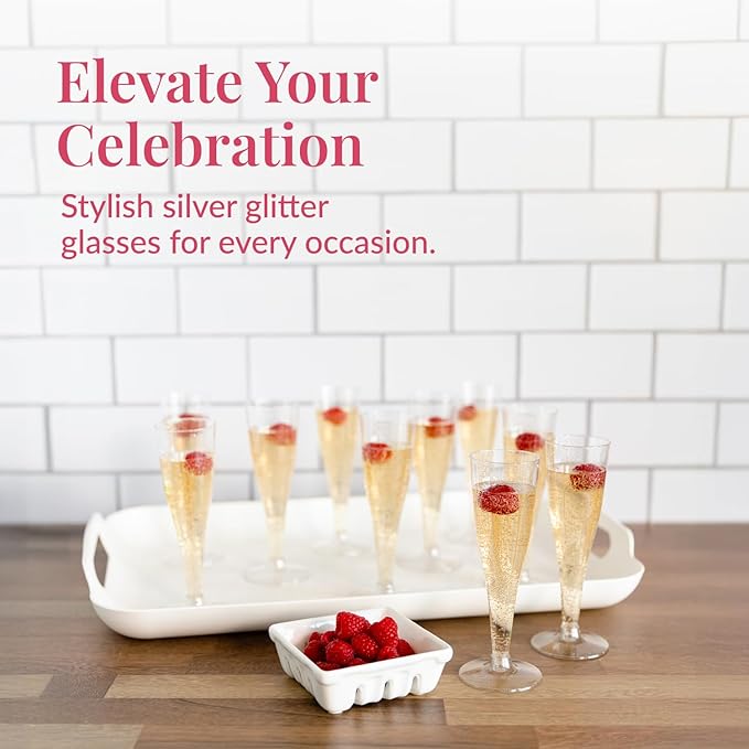 Prestee 24 Champagne Flutes Plastic - Disposable Flute - Silver Glitter Plastic Glasses for Parties - Mimosa Bar, Wedding, Shower Party, New Years Eve Party Supplies 2025 (Silver)
