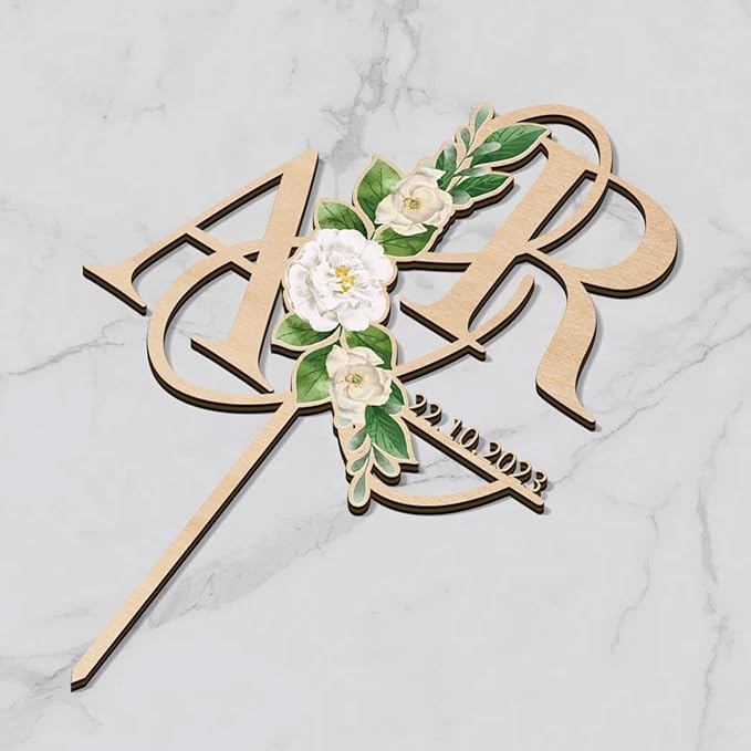 Personalized Wedding Cake Topper in Wood Custom Initials & Date Wedding Cake Decoration Printed with Flowers & Green Leaves