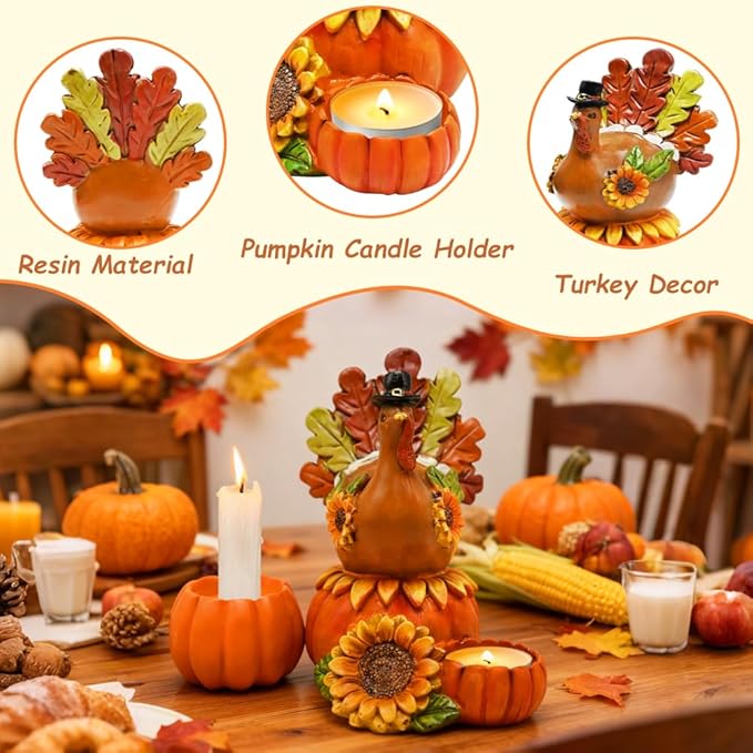 Thanksgiving Turkey Candle Holders, Table Centerpiece Decor for Thanksgiving, Resin Turkey with Pumpkin Fall Home Decor for Harvest Party Supplies