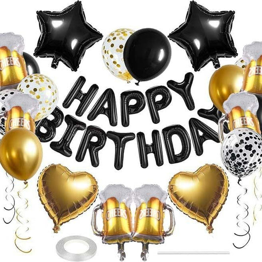 27Pcs Black Gold Beer Birthday Party Decorations Kit 16 Inch Happy Birthday Balloon Banner Beer Pentagram Heart Balloons Confetti Latex Balloons for Women Men Party Decoration Supplies