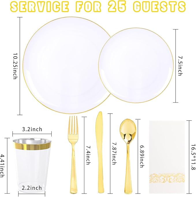 YOUBET 175PCS Gold Rimmed Plastic Plates - White and Gold Disposable Plates Includes 25 Dinner Plate, 25 Dessert Plate, 75Silverware, 25 Cups, 25 Napkins for Wedding & Party & Thanksgiving