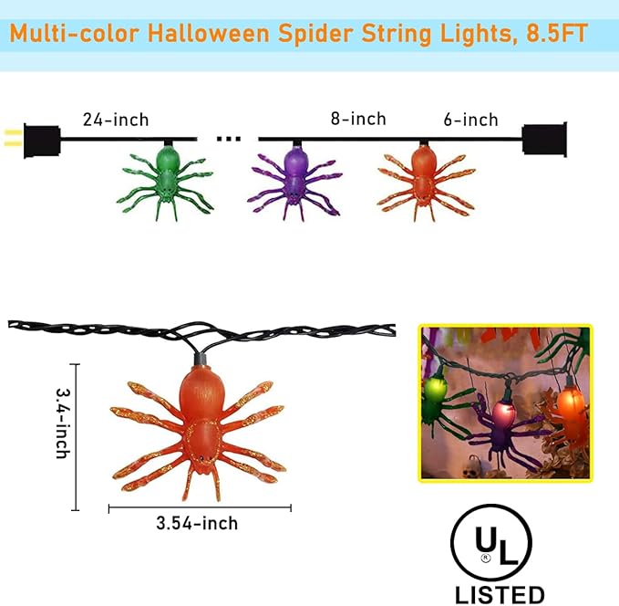 Halloween Spider String Lights, 8.5Ft Multi-Color Spider LED String Lights with 10 Lifelike Spider Lights Connectable Indoor/Outdoor Halloween Decoration for Party, Bar, House, Garden, Black Wire