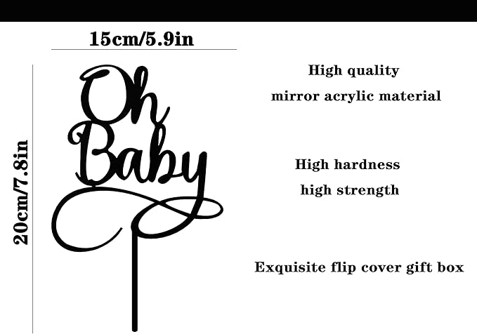 Oh Baby Cake Topper - Glitter Black Acrylic Baby Shower Cake Decorations, Gender Reveal Cake Pick (Black)