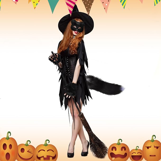 BADALU Therian Cat Mask and Tail Set for Girls - Halloween Furry Fox Mask, Wolf Tail, Cat Costume With Leather Choker - Faux Fur Cosplay Party Accessories