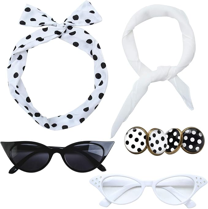 Aneco 6 Pack 50s Set Chiffon Scarf Cat Eye Glasses Bandana Tie Headband Earrings
