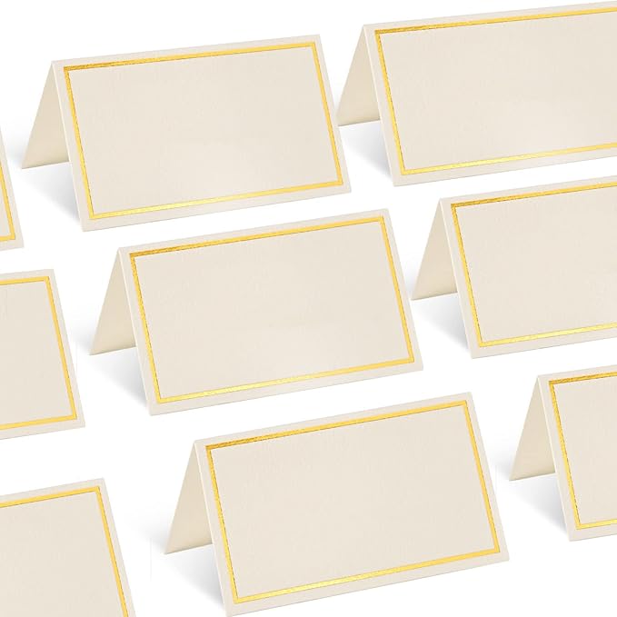100 Pack Place Cards for Table Setting with Gold Foil Border Table Tent Cards for Seating Perfect for Weddings, Dinner Parties, Banquets 2” x 3.5”