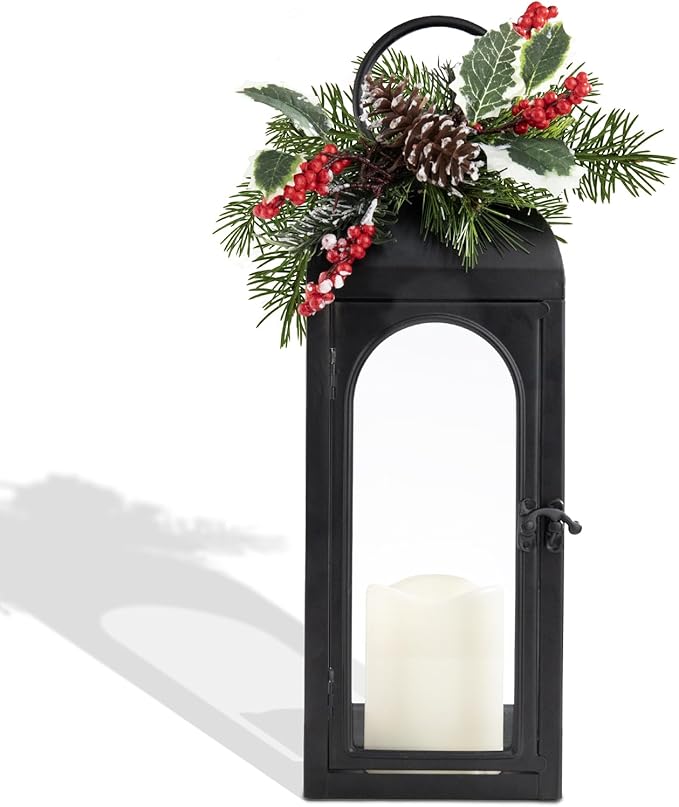 Christmas Lanterns Decorative Indoor, Christmas Lantern Outdoor with Timer, 16 Inch Decorative Candle Lanterns Flameless Light with Floral and Greenery for Table Centerpieces,Home, Porch Decor