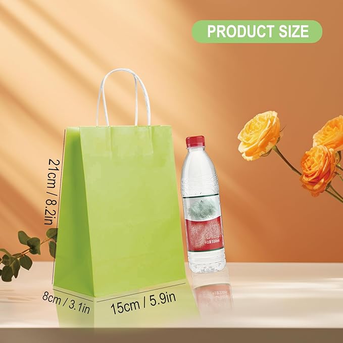 BAG BOX 25 Pack 8.25x4.3x10.6 Inch Green Gift Bags with Handles,Bulk Kraft Paper Bags for Shopping, Retail, Merchandise, Wedding, Party Favors, Paper Grocery Sacks