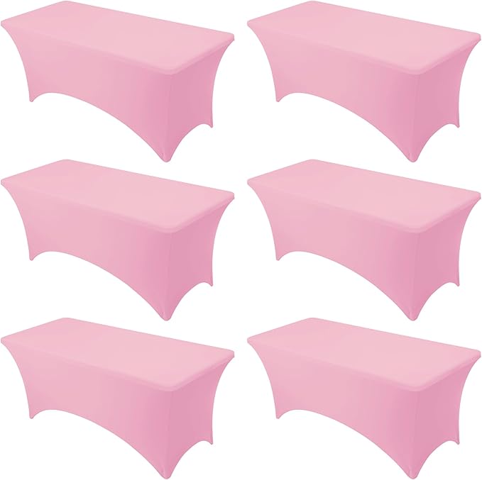 6-Pack Premium Pink Spandex Tablecloths for 6ft Rectangle Tables, Stain & Wrinkle-Resistant, Washable Stretch Polyester Fitted Table Cover for Weddings, Banquets, Trade Shows Events