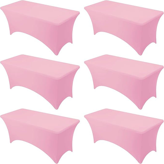 6-Pack Premium Pink Spandex Tablecloths for 6ft Rectangle Tables, Stain & Wrinkle-Resistant, Washable Stretch Polyester Fitted Table Cover for Weddings, Banquets, Trade Shows Events
