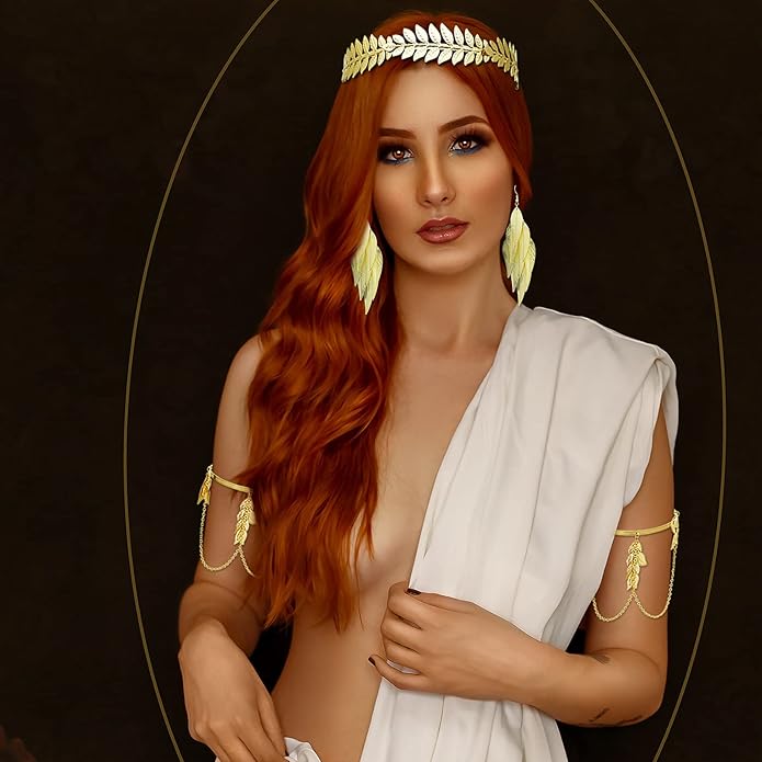 RechicGu 4 Pieces Grecian Goddess Leaf Laurel Costume Accessories Set Roman Toga Party Headband Upper Arm cuff Bracelet Band Earrings Jewelry Women Golden