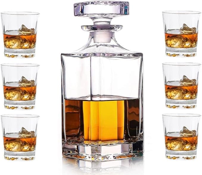 Whiskey Decanter Glasses Set Lead-Free Crystal Glass Scotch Tasting Cups Wine Bottle for Drinking Irish Whisky Bourbon Tequila tumbler (Square, 1 Decanter & 6 Glasses Set)