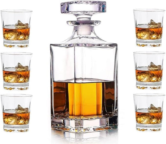 Whiskey Decanter Glasses Set Lead-Free Crystal Glass Scotch Tasting Cups Wine Bottle for Drinking Irish Whisky Bourbon Tequila tumbler (Square, 1 Decanter & 6 Glasses Set)