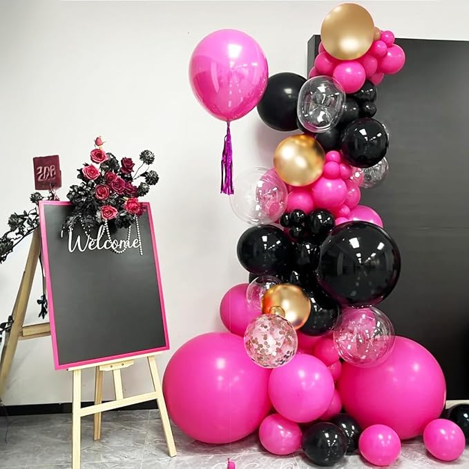 Red Black Gold Balloon Garland Arch Kit, 156 Hot Pink Black Gold Metallic Balloons for Birthday, Wedding, Anniversary, Festival, Bachelorette, Gender Reveal