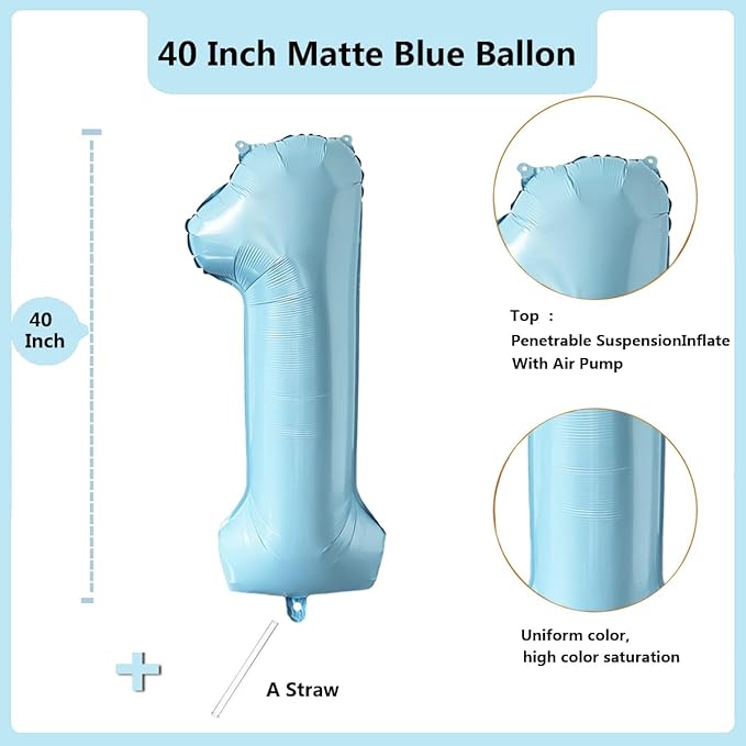 40 Inch Matte Blue 1 Number Balloons Light Blue Number 1 Foil Balloon Mylar Helium Balloon for Birthday Party Decoration Wedding Anniversary Supplies (Number 1)