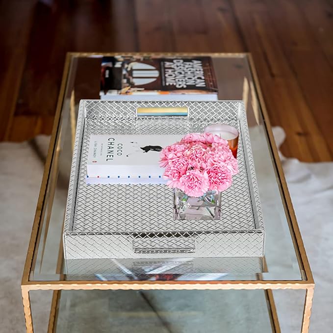 HofferRuffer Rectangle Serving Tray with Hole Handles for Coffee Table, Breakfast, Tea, Food, Butler - Countertop, Kitchen, Vanity Serve Tray, 16.2 x 12.2 x 2 inches, Faux Leather (Silver)