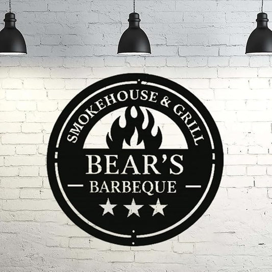 Custom Smokehouse and Grill Metal Sign , Personalized Barbeque Wall Art for Backyard, Outdoor Kitchen, Patio, Man Cave , BBQ Grill Sign, Rustic Bar Decor, Unique Housewarming Gift for Dad, Grandpa, Husband