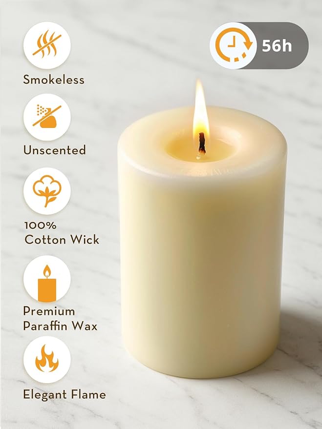 Ivory Pillar Candles, Set of 3, 56 Hour Long Burning, Unscented and Dripless, Large (3x4 inch) for Christmas Lights, Wedding, Parties, Spas, Home Decor