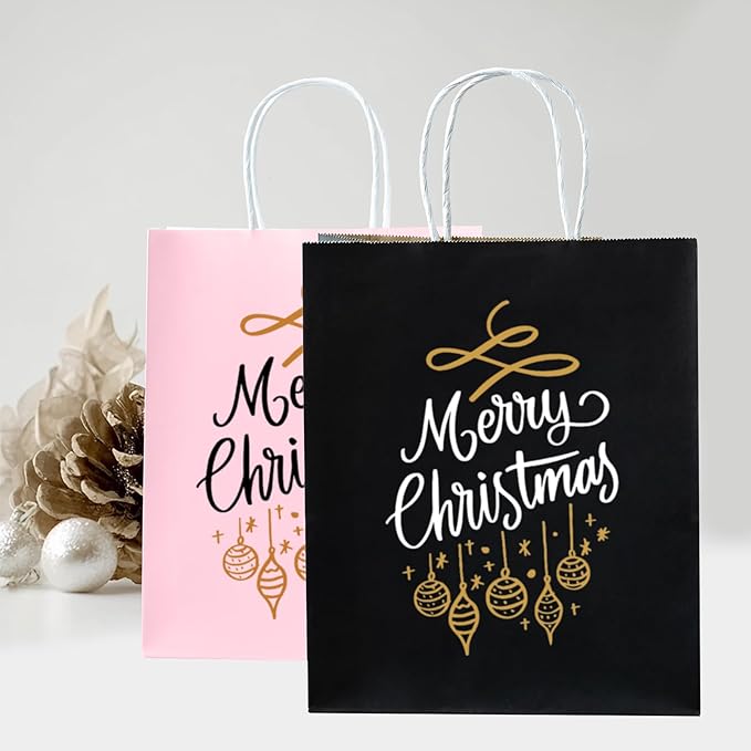 SUNEE Gift Bags with Handles 8x4.3x10.7, 100 Pcs Paper Bags Medium Size Bulk for Gift Wrapping, Retail, Party Favors and Small Business - Pink