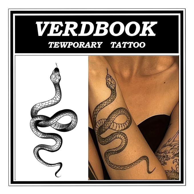 Waterproof Temporary Tattoos: 2-Sheet Tattoo Kit with Realistic Body Stickers, Semi-Permanent Tattoos for Adults Lasting 7-15 Days – Safe for Men & Women, Serpent Whisper