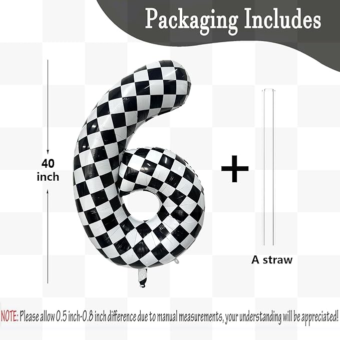 40 Inch Checkered Number Balloon 6 Black and White Number 6 Balloon Foil Helium Balloons for Birthday Party Decoration Girls Boys Baby Shower Anniversary Decoration Race Car Party Decoration